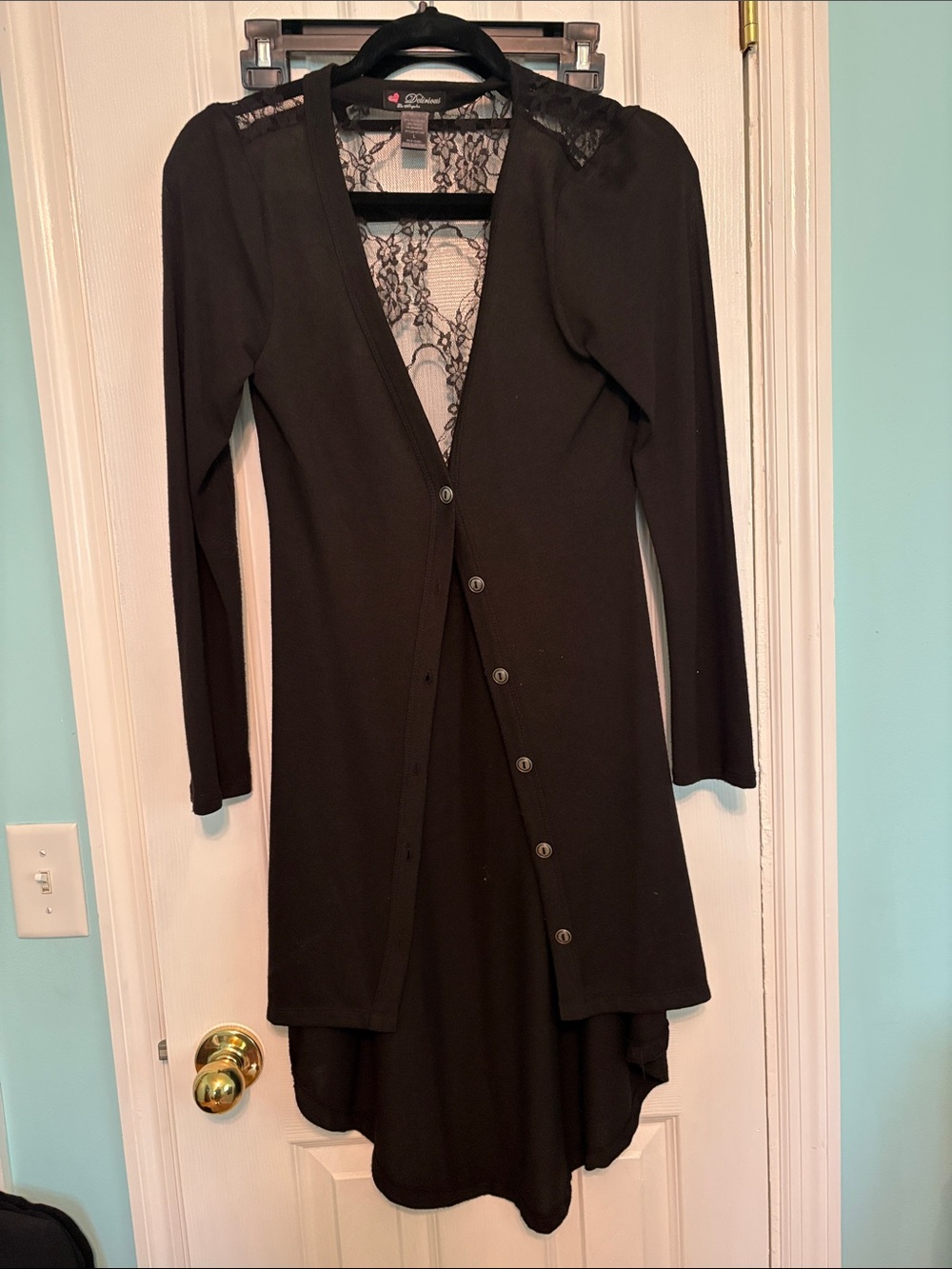 Delirious Black Long-Sleeve Lace-Back Button Dress